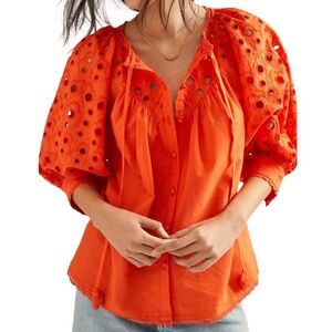 Anthropologie Chantal Orange Eyelet Button Front Puff Sleeve Boho Blouse Sz MP